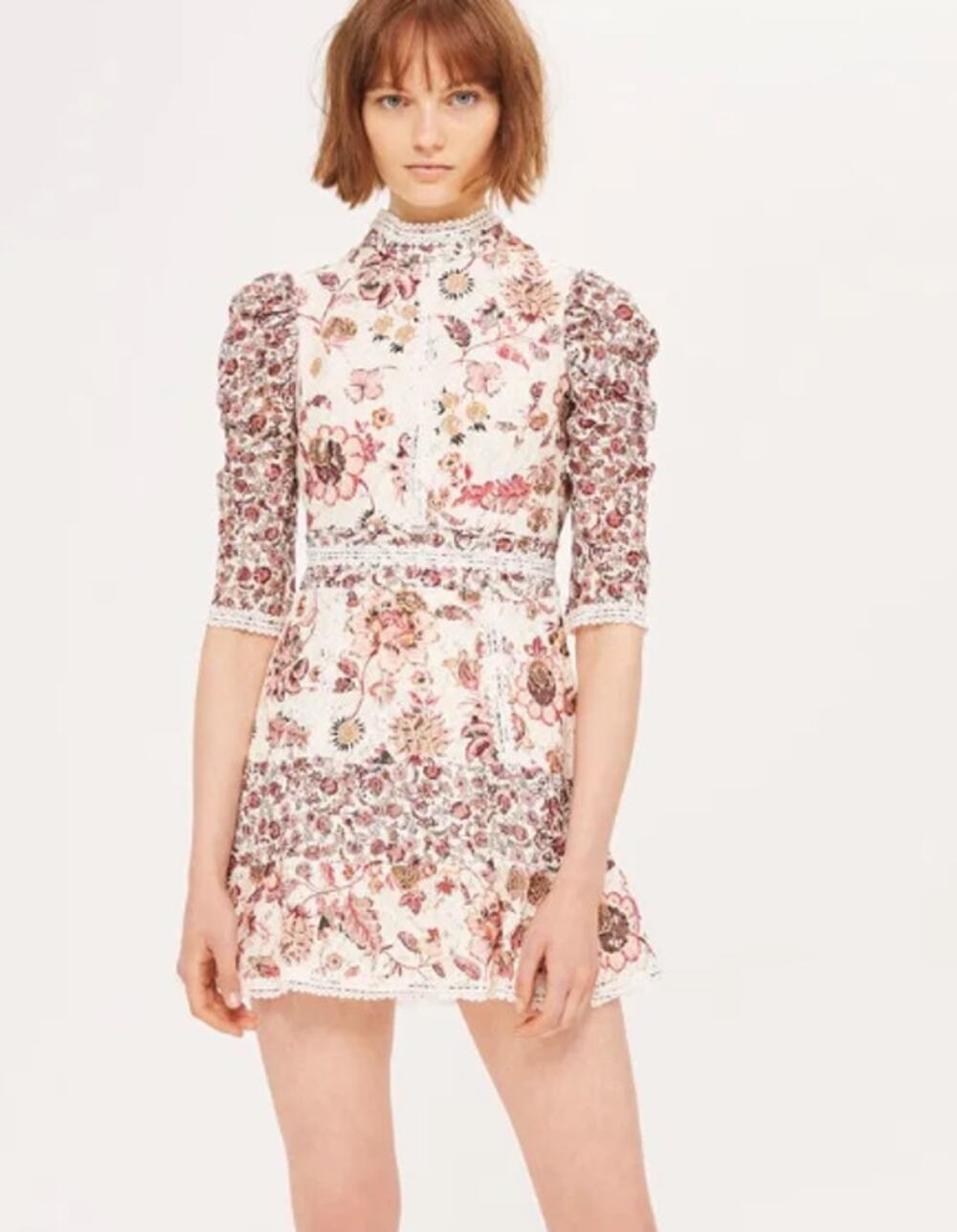 Just ME Floral Lace Mini Dress Puff Sleeves Open Lace up Back Size Small